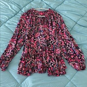LILLY PULITZER Savanna LS Top Pink Navy Flounce Hem EUC Sz XL